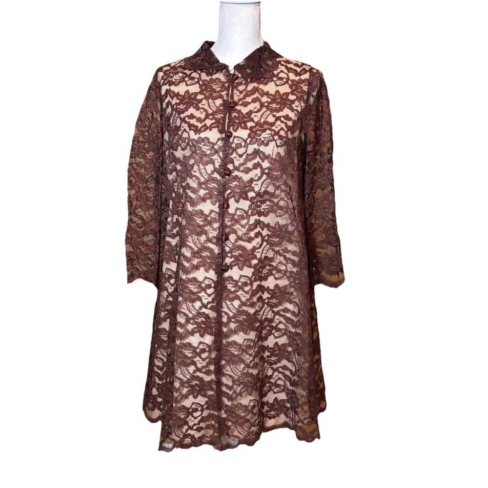 Vintage Carol‎ Craig Lace Dress Womens 10 Brown Sheer Overlay Button Front